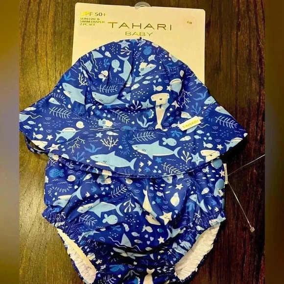Tahari Baby UPF‎ 50+ Ocean Theme Sun Hat & Swim Diaper Set Marine Print D33 - Picture 1 of 5